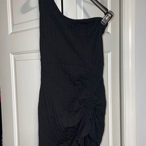 Black Ribbed One Shoulder Mini Dress